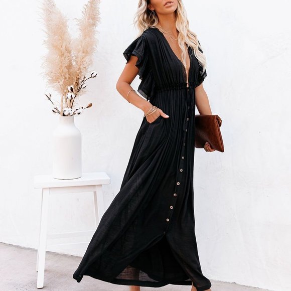 New Bohemian Long Black Gauze Maxi Summer Dress - Picture 6 of 6
